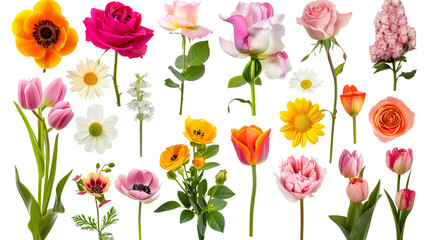 Set of various garden flowers such as roses, tulips, and daisies, arranged artistically, isolated on transparent background