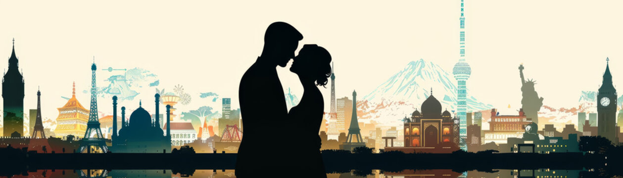 vector graphic of Silhouette of a honeymoon couple with a dynamic background of various travel landmarks, symbolizing love and adventure