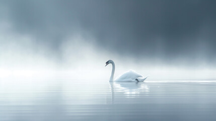 Serene Swan Gliding on Misty Water with Ethereal Morning Fog