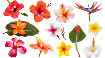 Set of assorted tropical flowers including hibiscus, frangipani, and bird of paradise, isolated on transparent background