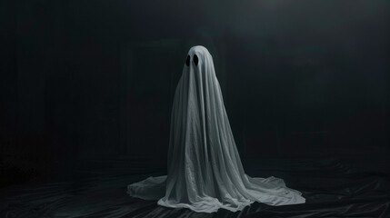 A spectral presence in a dark room with a black background