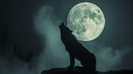 Silhouette of a Wolf Howling on a Hill Under a Full Moon at Night