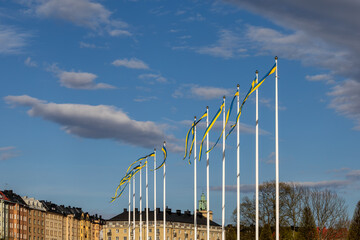 Stockholm, Sweden Small Swedish flags flying on flagpoles.