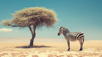 Lone Zebra Standing Tranquilly Beside an Acacia Tree in a Vast Desert