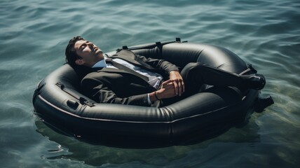 Businessman in black suit sleeping peaceful on raft at sea