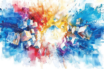 A vibrant and dynamic watercolor painting depicting a burst of colors in an explosion-like pattern