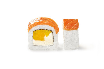 Sushi roll with salmon and mango on white background