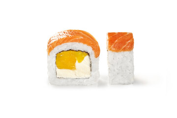 Sushi roll with salmon and mango on white background