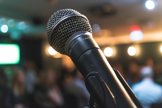 A microphone stand with a company logo in the foreground, subtly highlighting the event sponsorship