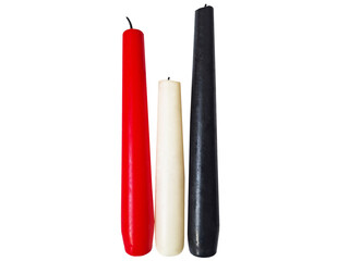 Isolated red, white and black candles.