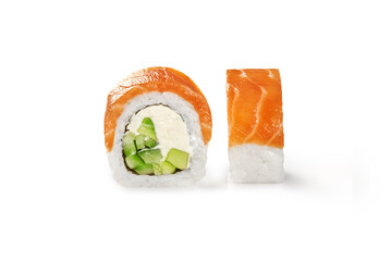 Classic Philadelphia roll filled with salmon on white background