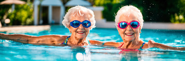 elderly women doing water aerobics in the pool. Selective focus.