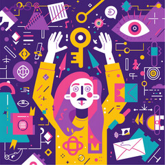 A flat vector illustration of an excited woman holding the magic key, surrounded by symbols like floating eyes and abstract shapes in a purple color scheme with bright pink
