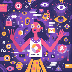 A flat vector illustration of an excited woman holding the magic key, surrounded by symbols like floating eyes and abstract shapes in a purple color scheme with bright pink