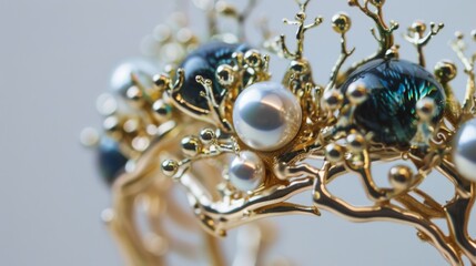 A golden crown with pearls and blue-green gems shaped like leaves.