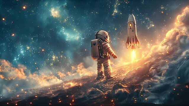 Cartoon kid space explorer. Astronaut boy with space helmet. Created with Generative AI.