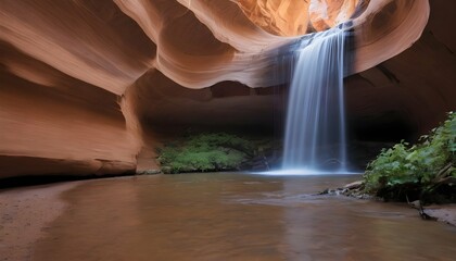 A tranquil waterfall flowing through a canyon of s upscaled 2