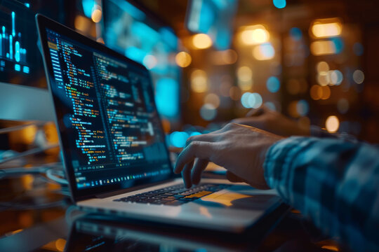 a programmer works on a laptop on the screen of which there is program code, developing an application or website 