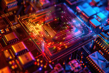 Obraz premium Detailed view of an electronic circuit board showing intricate connections and components