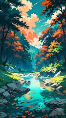 Nature scene flowing river water through rocks, countryside trees, autumn anime style illustration, teal orange color tone