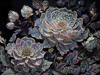 Fantasy luminescent flowers background, realistic style, modern wallpaper design. Generative ai