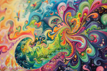 a psychedelic style, with swirling, kaleidoscopic colors