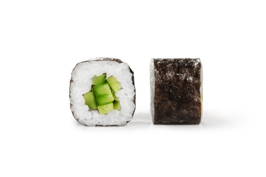 Classic kappa maki sushi rolls with cucumbers on white
