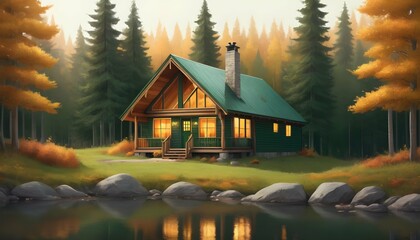 A cozy cabin nestled in gradients of forest green upscaled 4