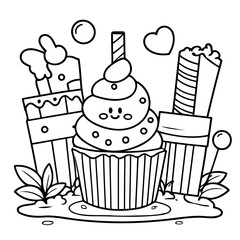 Vector illustration of a cute chocolate drawing for toddlers colouring page