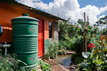 A rainwater harvesting system with a water tank and filtration unit