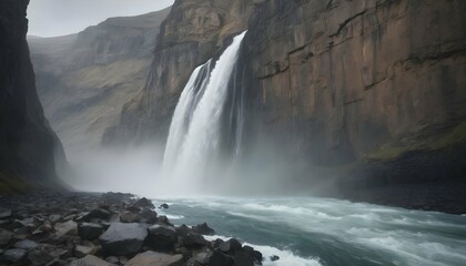 A powerful waterfall cutting through rugged cliffs