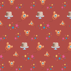 Seamless holiday pattern on a red background. Balloons, cakes, stars. Design for fabric, print on cups, bags, T-shirts.