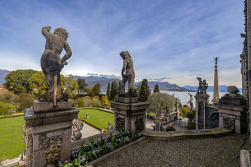 Obraz premium STRESA, ITALY, APRIL 4, 2024 - View of Isola Bella Gardens in Maggiore Lake, Stresa, province of Verbano-Cusio-Ossola, Piedmont, Italy.