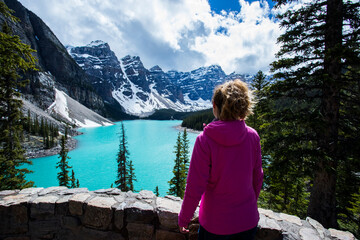 Young woman in Moraine lake, Banff National Park, Canada