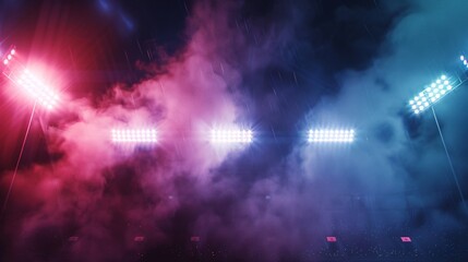 Stadium lights and smoke at night with copy space.