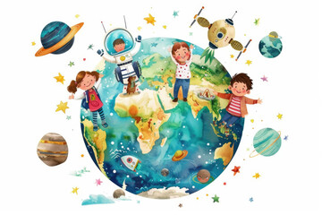 Naklejka premium Children piloting spaceships are flying around the Earth, exploring new frontiers in outer space