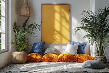 This poster frame mockup shows an empty white wall with yellow paint in a Scandinavian style living room