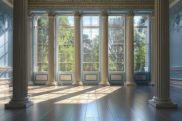 Fototapeta premium A room with columns and a large window 