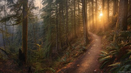 landscape of a winding mountain trail leading through dense forest, with sunlight filtering through the trees and a sense of adventure beckoning from beyond,  rich colors and crisp details to evoke .
