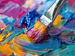 Fototapeta premium A paintbrush is dipped into a blue and yellow paint