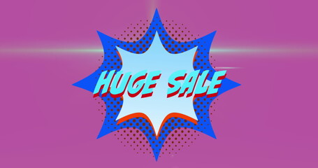 Image of huge sale text over retro star speech bubble on pink background
