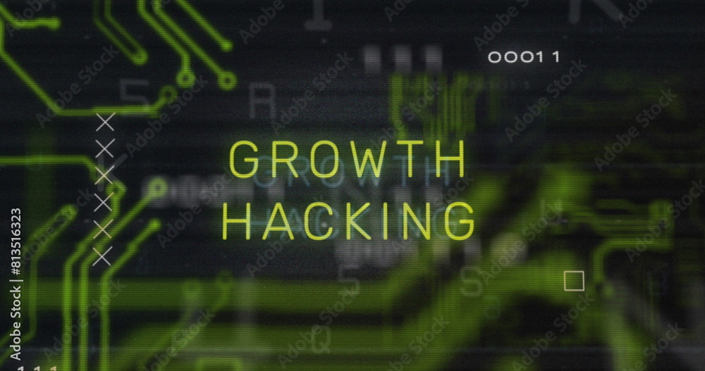 Fototapete image of growth hacking text over data processing and computer circuit board on black background