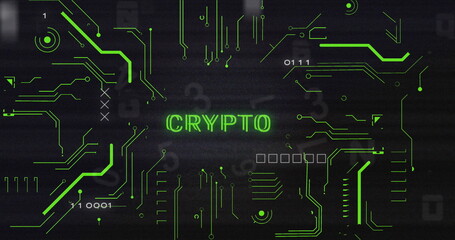 Circuit board patterns surround bold CRYPTO text