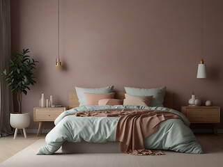 Simple modern minimalist interior bedroom decor with pastel color background. Blank space wall art mockup above the bed inside natural light bedroom. Generative AI.