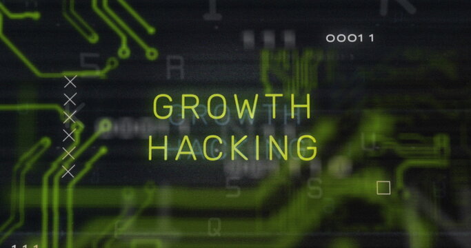 Image of growth hacking text over data processing and computer circuit board on black background