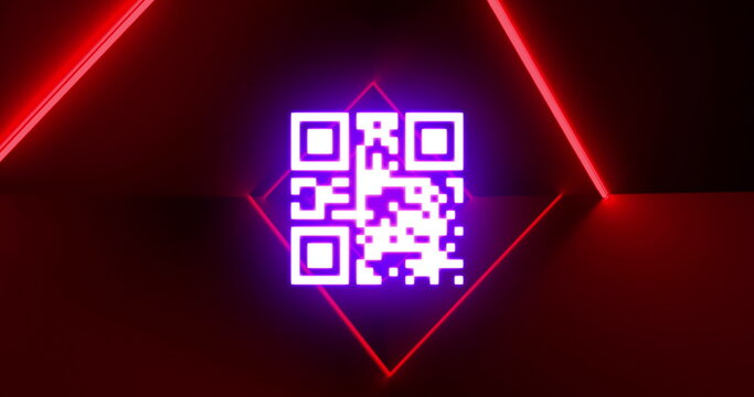 Image of glowing qr code over red rhombus pattern tunnel
