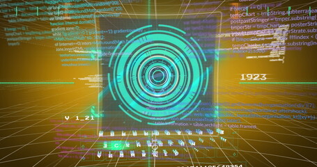 The image features a image of text, scope scanning and data processing on screens