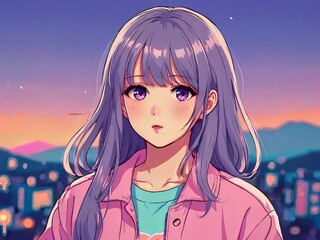 Anime girl in city background, glowing night lights bokeh , pastel colors, Lo-fi style art, Woman with open hairs bangs