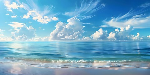 tropical beach panorama, seascape with a wide horizon, showcasing the beautiful expanse of the sky meeting the sea