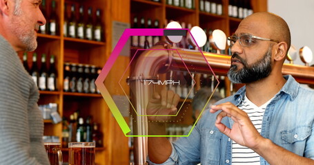 Image of speedometer over diverse friends at bar